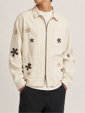 PacSun Men’s Floral Embroidered Canvas Utility Chore Jacket Cream Size Large
